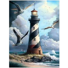 a painting of a lighthouse with seagulls flying around it