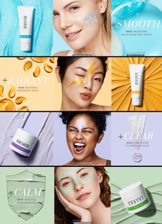 the collage of images shows different types of skin care products, including face masks and eyeliners