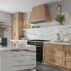 a kitchen with white marble counter tops and wooden cabinetry next to a stove top oven