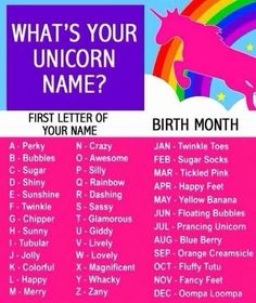 a pink and purple unicorn name tag on a cell phone with the text, what's your unicorn name?