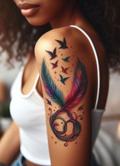 Feathers dance within the infinity loop, telling tales of resilience and grace. Wear this tattoo as a reminder: you’re meant to fly, always. Colored Feather Tattoos, Feather Tattoos For Women, Tattoo Regret, Resilience Tattoo, Feather Tattoo Colour, No Regrets Tattoo, Native Tattoos, Elements Tattoo, Romantic Nails