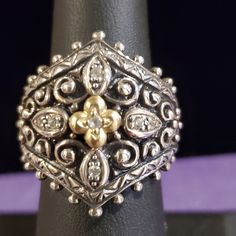 This Ring Has White Topaz Accents As Well As The Signature Bixby 18k Gold Flower In The Center. Like-New Condition. This Item Is From My Personal Collection. I Purchased It New. Silver Diamond Ring Stamped 14k Fine Jewelry, Exquisite Hallmarked Silver Diamond Ring, Ornate Silver Diamond Ring With Accents, 6 Rings, Ring Color, Gold Flower, Gold Flowers, White Topaz, Womens Jewelry Rings