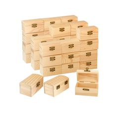 several wooden boxes stacked on top of each other with one open box in the middle