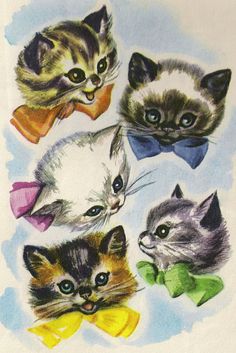 four kittens with bow ties are depicted in this drawing, which appears to be colored