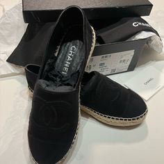 Chanel Espadrilles In Black Suede. In Box With Original Tags & Dusts Bags. No Visible Wear & Tear, Only Worn Once. Chanel Espadrilles, Shoes Chanel, Chanel Black, Chanel Shoes, Espadrille Shoes, Black Suede, Espadrilles, Dust Bag, Chanel