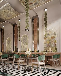 a dining room with tables and chairs in the middle is decorated with intricately designed tiles