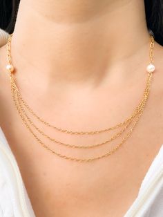 White Multi-strand Double Chain Necklace, Multi-strand Paperclip Chain Necklace, White Delicate Chain Necklace For Layering, Everyday White Double Chain Necklace, Three Chain Necklace, Single Necklace, Rice Pearls, White Freshwater Pearl, Pearl Size