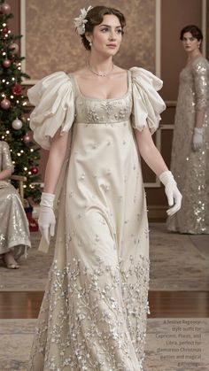 1810s Dress, Regency Christmas, Christmas Gown, Capricorn Pisces, Knee Length Wedding Dress, Regency Gown, Regency Era Fashion, Wings Dress, Timeless Looks