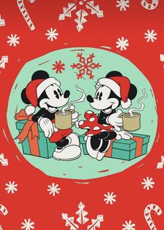 two mickey and minnie mouses are sitting on presents in front of snowflakes