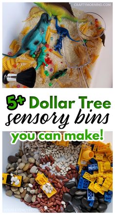 three different pictures with the words dollar tree sensory bins you can make in green and yellow