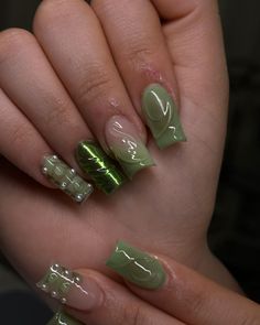 Short Green And Gold Nails, Short Jade Nails, Green Nature Nails, Earthy Acrylic Nails, Jade Green Nails Acrylic, Moss Nails, Earth Nails, Black French Tip Nail, Black French Tip