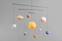 a mobile with planets hanging from it's sides in front of a gray background