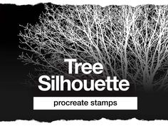 a tree silhouetted against a black background with the words, procreate stamps