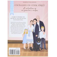 the front cover of a book with an image of two adults and two children standing next to a dog