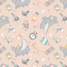 an elephant and giraffe pattern is shown on a light pink background with white stars