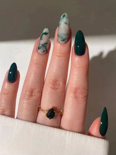 Multicolor  Collar    Color Nails Embellished   Nail,Hand & Foot Care Fake Acrylic Nails, Dark Green Nails, Green Nail Designs, Casual Nails, Color Nails, Birthday Nails, Foot Care, Nails Inspo, Artificial Nails