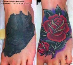 two pictures showing the same tattoo on one foot and an image of a rose on the other