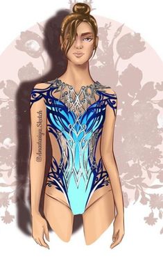 a drawing of a woman in a bodysuit with tattoos on her chest and arms