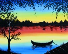 a painting of a boat on the water with trees and sunset in the back ground