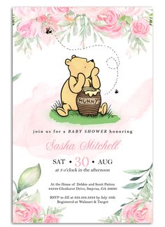 a baby shower is shown with pink flowers and a teddy bear holding a basket in it's mouth