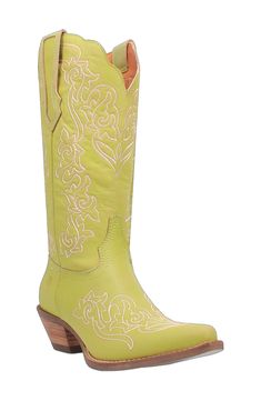 Add a dose of Western flair to your footwear collection with a leather cowboy boot boasting intricate topstitching and a sweetly scalloped topline. A thick block heel and cushioned footbed make it perfect for a night of line dancing. Cushioning: absorbs impact and distributes weight for consistent, buoyant comfort under each step 2" heel 13" shaft; 14" calf circumference Pull-on style Cushioned insole Leather upper/textile lining/synthetic sole Imported Green Cowboy Boots, Tall Western Boot, Dingo Boots, Dan Post Boots, Leather Cowgirl Boots, Tall Fashion, Leather Western Boots, Stylish Boots, Fashion Heels