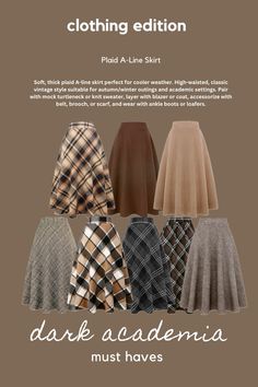 Dark Acedamia Capsule Wardrobe, Aesthetic Dark Academia Outfit Ideas, Fall Outfit Academia, Skirts Outfits For Work, Dark Academia Holiday Outfits, Autumn Dark Academia Outfits, Plaid A Line Skirt Outfit, Cottagecore Dark Academia Outfit, Academia Outfits Skirt