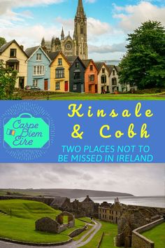 two pictures with the words kinsale and cogh in front of some houses