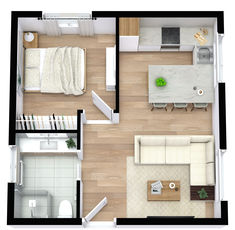 A square beige 3D floor plan with one bedroom, and an open concept. Small Apartment Layout, Apartemen Studio, House Floor Design, Small Apartment Design