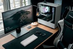 a computer desk with a keyboard, mouse and monitor