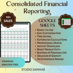 a computer screen with the words,'completed financial reporting google sheets read - to - use easy saving automated calculator