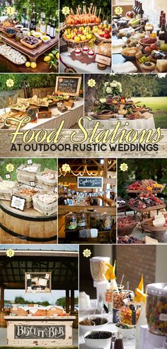 a collage of photos with food and drinks on it, including an outdoor wedding