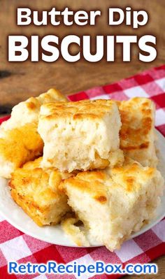 butter dip biscuits on a white plate with red and white checkered table cloth