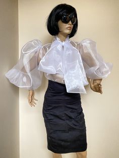 "This is a very stylish Womens Organza blouse. It is comfortable and cozy. Made for a free flowing fit. Transparent organza fabric with a big roses printed. The sleeves are elastic at the bottom, so can be long, 3/4 or short. Great for all year around and for any special occasion or casual day can be dressed up or dressed down. SIZE CHART SIZE S - US 6, UK 8, EU 36 bust: bust around 34.5\"/90cm Waist: waist around 27.5\"/70cm Hips: hips around 34.5\"/90cm SIZE M - US 8, UK 10, EU 38 bust: bust a Transparent Tops For Women, White Transparent Top, Organza Tops, Pride Ideas, Blouse Organza, Big Roses, Satin Bow Blouse, Tie Up Blouse, Organza Styles