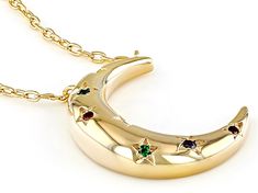 Bella Luce® blue, purple, green, and garnet diamond simulants 0.10ctw round, Eterno™ 18k yellow gold over sterling silver celestial necklace. Measures approximately 18.00" W x 0.03" L and has a 2" extender and lobster claw clasp closure. Necklace drop measures approximately 0.69" L x 0.56" W. Gold Multi-stone Jewelry For May Birthstone, Yellow Gold Multi-stone Jewelry Gift, Gold-toned Sterling Silver Multi-stone Jewelry, Gold Multi-stone Sterling Silver Jewelry, Gold Jewelry With Diamond Accents For May Birthstone, Celestial Necklace, Diamond Simulant, Purple Green, Lobster Claw