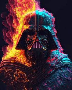 a darth vader with flames coming out of it's face and head