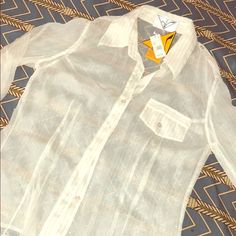 100% Silk Shirt, With Gold Stripes. Sheer Collared Summer Top, Summer Sheer Collared Tops, Sheer Collared Top For Summer, Casual Long Sleeve Sheer Shirt, Sheer Button-up Summer Shirt, Casual Sheer Button-up Blouse, Casual Sheer Top For Work, Sheer Button-up Shirt For Spring, Sheer Collared Shirt For Spring