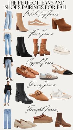 The Perfect Jeans and Shoes Pairings for Fall! Trending Clothes 2024 Fall, Best Shoes To Wear With Jeans, Fall Shoes 2024 With Jeans, Fall Fashion Ideas 2024, 2024 Fall Trends Fashion, Fall 2024 Accessories, Trouser Jeans Outfit Winter, Pairing Shoes With Pants, Trending Fall Shoes