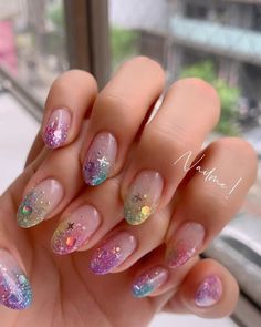 Funky Glitter Nails, 26 Birthday Nails, Cute Vacation Nails The Beach, Lover Inspired Nails, Lover Nails Taylor Swift, Space Themed Nails, Fun Short Nails, Opalescent Nails, Pastel Glitter Nails