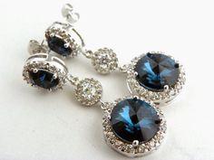 Montana Blue Earrings, Navy Blue Round Crystal Earrings, Blue Wedding, Swarovski Bridal Earrings, Cu Blue Halo Setting Earrings For Wedding, Dazzling Sapphire Earrings For Wedding, Dazzling Blue Crystal Earrings, Bridal Statement Earrings, Earrings Blue, Bridal Pearls, Blue Earrings, Handmade Sterling Silver, Blue Wedding