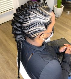 Dutch Braid Mohawk into Ponytail with Side Cornrows Chunky Cornrows, Braided Ponytail Black Hair, Mohawk Braid Styles, Cornrow Ideas, Braided Mohawk Hairstyles, Black Hair Updo Hairstyles, Mohawk Styles, Feed In Braids Hairstyles, Mohawks