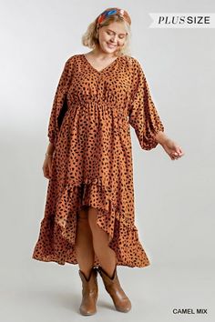 Umgee This Dalmation print hi lo midi dress features a ruffle hem and a loose, flowy design. This is certainly an eye-catching look! Color: Camel Sizes: XL 1X 2X 100% Polyester G3/WA5862 Casual Fall Dress With High-low Hem, Fall Brunch Midi Dress With Asymmetrical Hem, Fall Flowy Printed Midi Dress, Casual Brown Dress With Asymmetrical Hem, Flowy Printed Midi Dress For Fall, Casual Midi Dress With Asymmetrical Ruffle Hem, Beach Midi Dress With Ruffle Hem For Fall, Flowy Midi Dress With Ruffle Asymmetrical Hem, Flowy Midi Dress With Asymmetrical Ruffle Hem