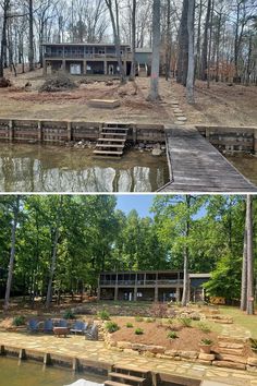 before and after photos of a lake house in the middle of a wooded area with steps leading up to it