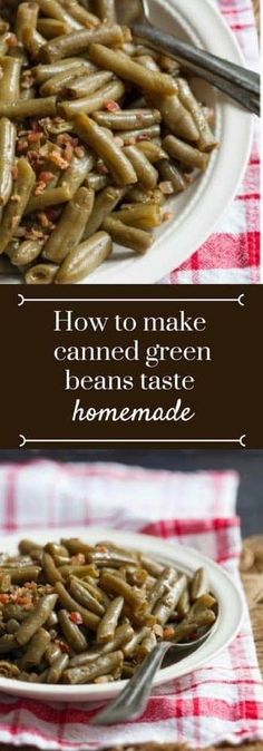 green beans in a white plate with a red and white checkered table cloth next to it