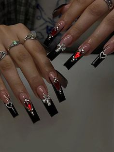 Multicolor  Collar   Geometric Color Nails Embellished   Nail,Hand & Foot Care Dark Queen, Black French, Nail Swag, Dark Nails