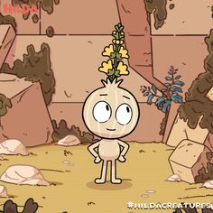 a cartoon character standing in the middle of a dirt area with flowers on his head