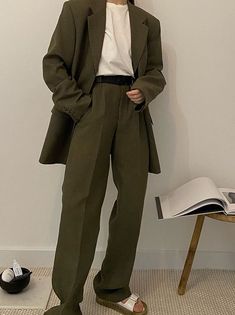 Monochrome Formal Outfit, Prom Outfit Inspo Men, Elegant Masculine Outfit, Lose Suits Men, Masculine Dressy Outfits, Earth Tone Formal Outfit Men, Baggy Prom Suit, Green Clothes Aesthetic Men, Transmasc Formal Wear