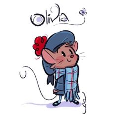 a cartoon mouse with a scarf on it's head and the word olia written in