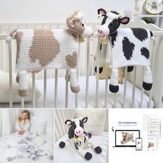 the crocheted cow is next to a baby's bed and stuffed animal