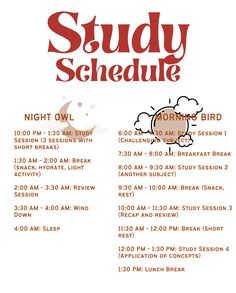 the poster for study schedule is shown in red and white, with an image of a bird