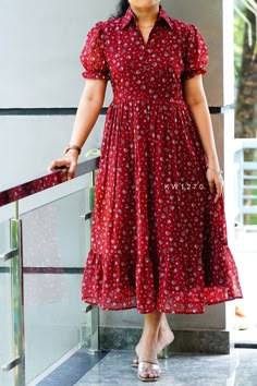 930+£ Women's Midi dress in printed Georgette material. Has collar neck with show buttons, short puff sleeves. Lining and back knot attached.Flared hem. Size- S M L XL Length -46 inches Siaj2 message for 8309952807 if anyone want to buy or start reselling also Long Frocks With Collar Neck, Collar Neck Long Frock Designs, Frock Models Short, Dress Frocks For Women, Womens Frocks Dresses, Collar Neck Gown Designs, Collar Frock Designs, Regular Wear Dresses For Women, Georgette Midi Dress